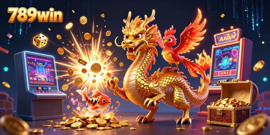Experience thrilling gameplay with 789win's golden dragon and phoenix amidst slots and coins.