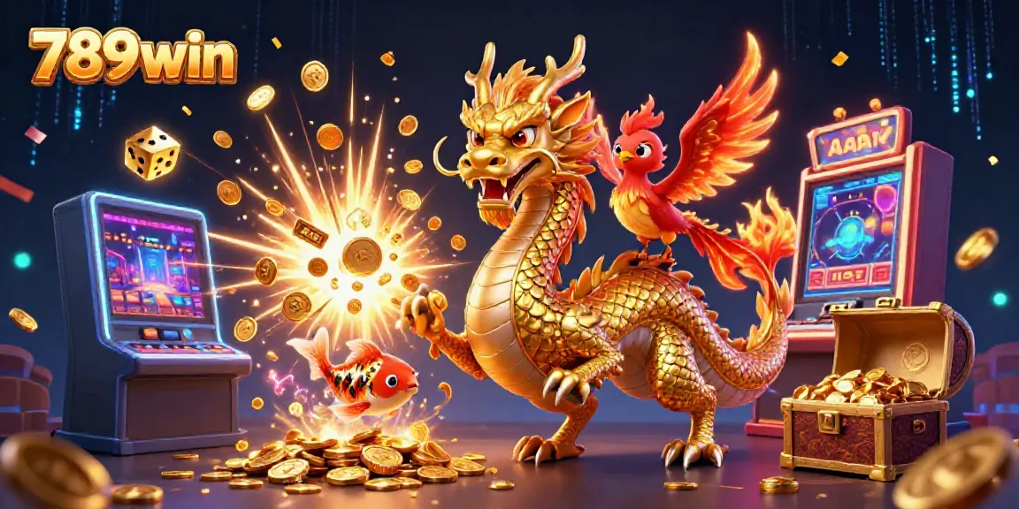 Experience thrilling gameplay with 789win's golden dragon and phoenix amidst slots and coins.