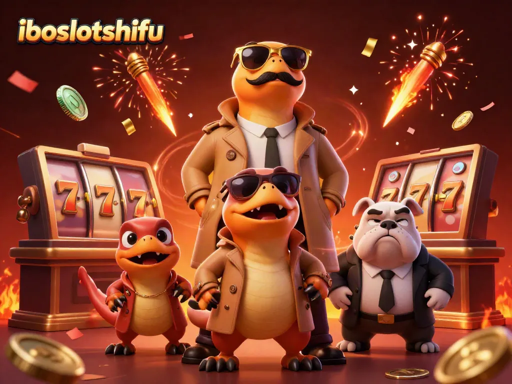 Raptors in a trench coat amusingly trying to enter a VIP lounge at iboslotshifu casino while showcasing colorful gaming elements.