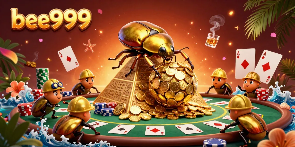 Experience thrilling gambling with bee999 featuring playful golden beetles and iconic casino elements.