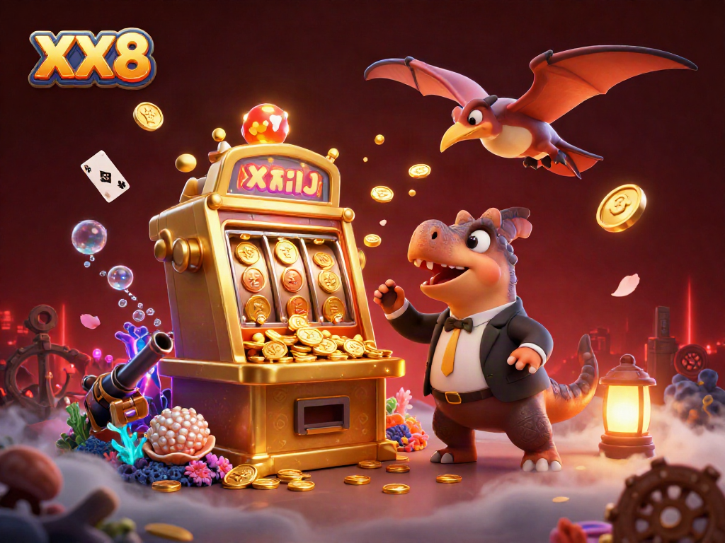 Experience the excitement of XX8 with a dinosaur-themed jackpot scene rich in casino elements.