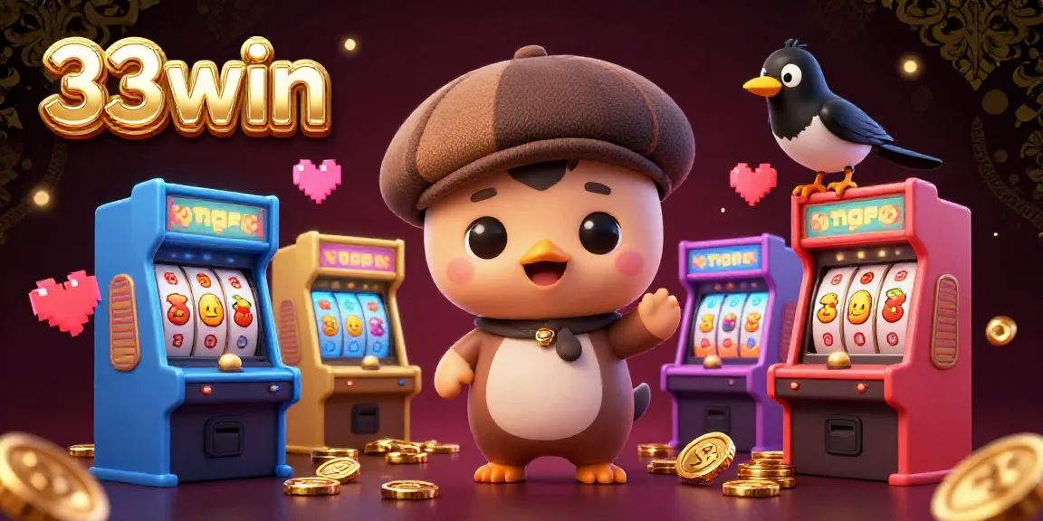 Experience 33win's lively gaming environment with baby Nessie and a gold-obsessed magpie in this vibrant 3D illustration.