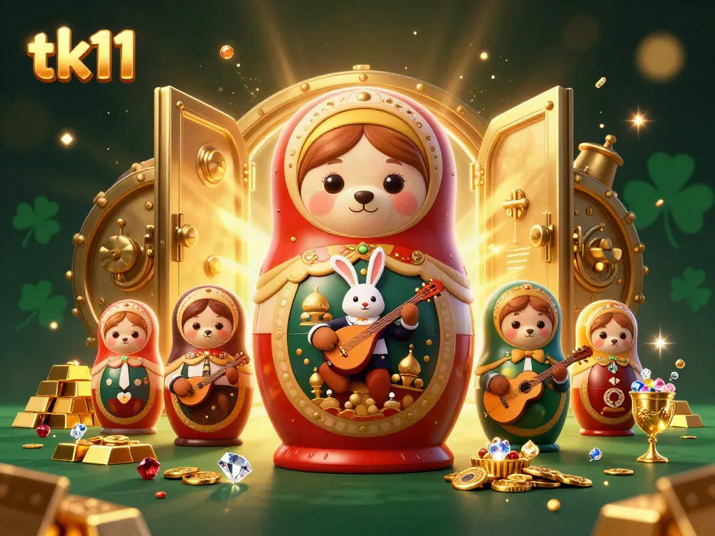 Win big with tk11 in this vibrant casino scene showcasing playful characters and rich treasures.