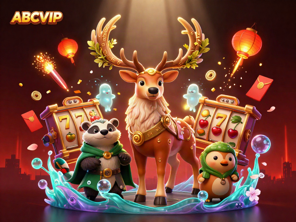 ABCVIP's vibrant casino illustration showcases luck through slot reels, druid stag, and rich gaming elements.