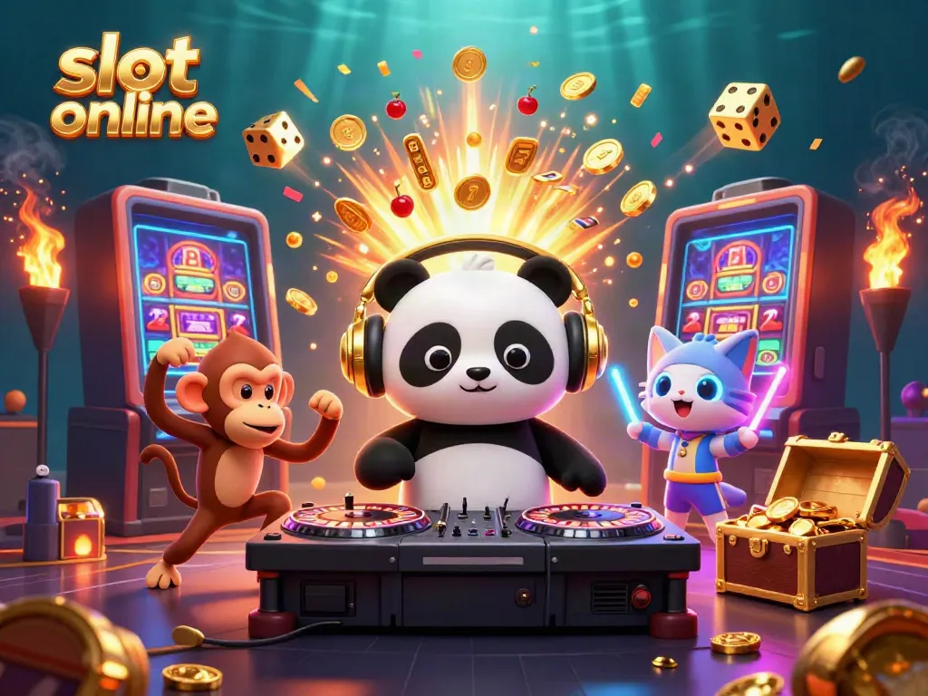 Experience the excitement of slot online gaming with a vibrant 3D scene featuring lively characters and casino elements.