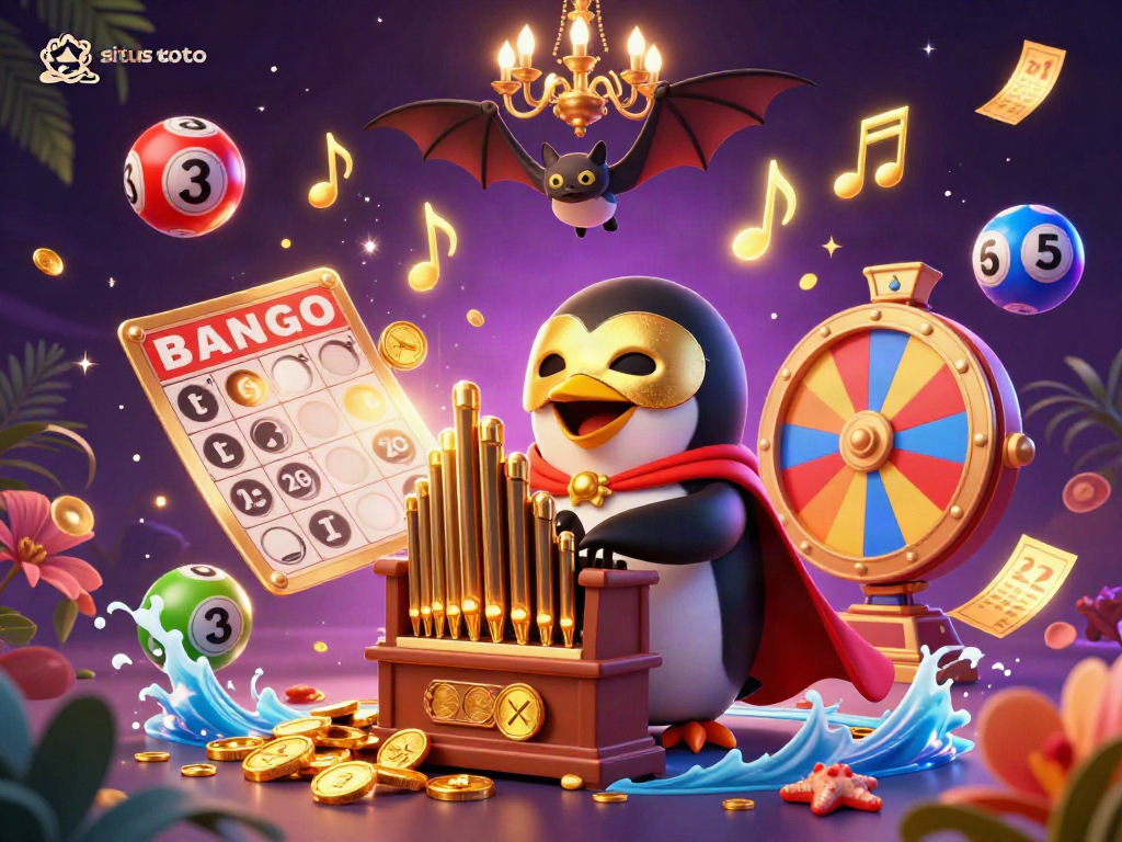 Engaging scene featuring situs toto with a penguin playing a gold organ amidst colorful lottery elements.