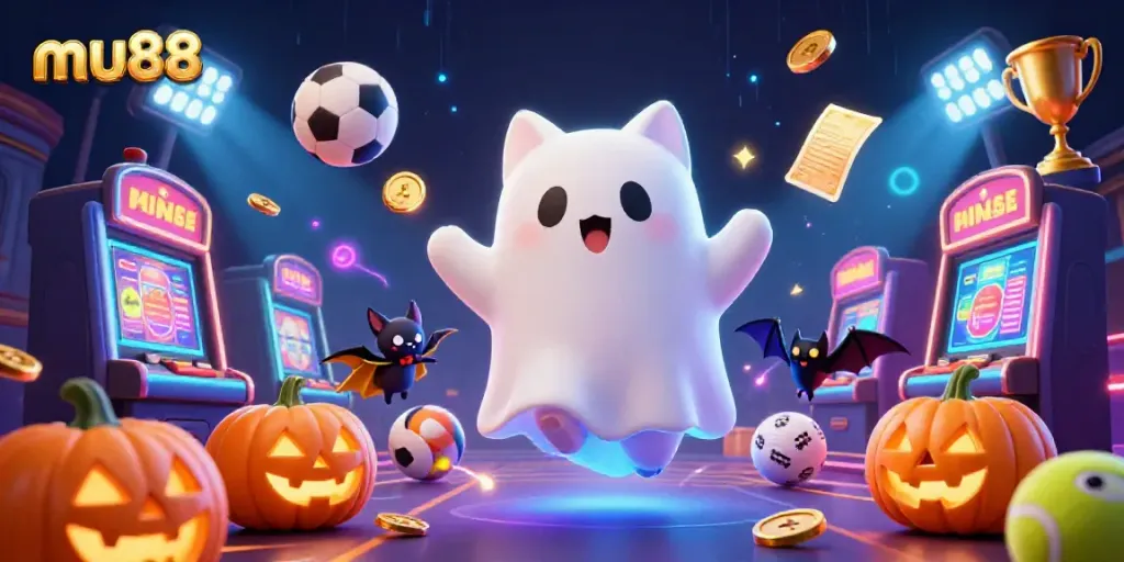 Play games at mu88, a lively haunted casino scene with a ghost cat and sports elements.