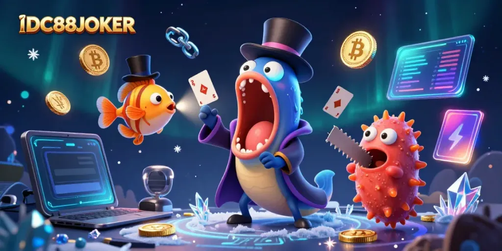 Engage with IDC88JOKER as a bioluminescent eel performs magic tricks amidst glowing crypto coins.
