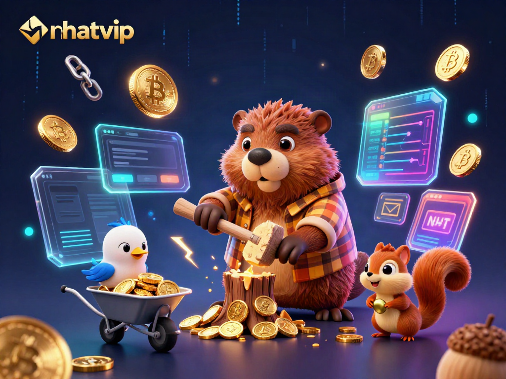 Nhatvip features a cartoon beaver in a casino, collecting gold coins with crypto elements.