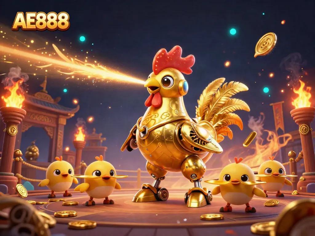 Engage with AE888's thrilling casino vibe featuring a golden rooster robot and baby chick drones.