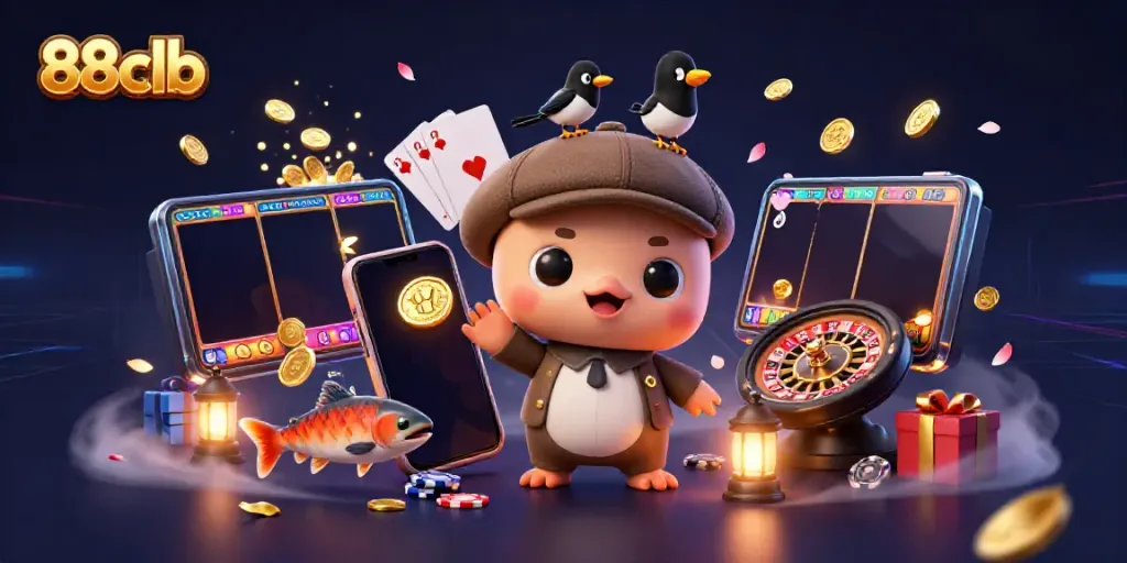 Experience thrilling slots in 88clb's vibrant casino with playful characters and golden coins