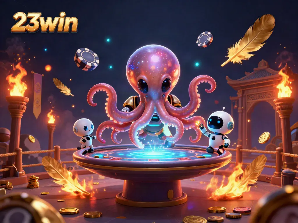 Engage with thrilling poker action at 23win, featuring an alien octopus and robot amidst vibrant casino elements.