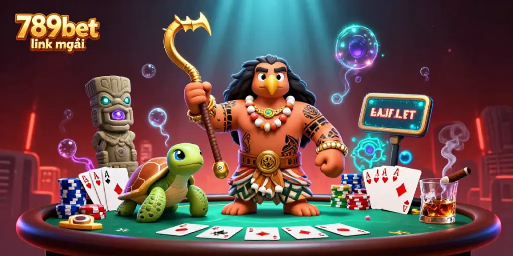 Engage with 789bet link mới in this vibrant 3D casino scene featuring a demigod and lively gameplay elements.