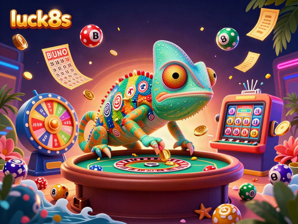 Experience the vibrant atmosphere of luck8s with an engaging chameleon casino owner and lively game elements.