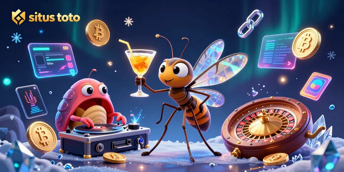 Engaging illustration of situs toto featuring a mosquito casino mascot, trilobite DJ, and ammonite roulette wheel in a vibrant casino setting.