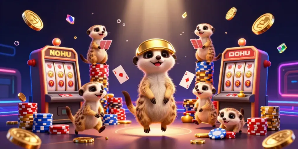 Engage with NOHU's online slots adventure featuring dynamic meerkat casino operators and vibrant game elements.