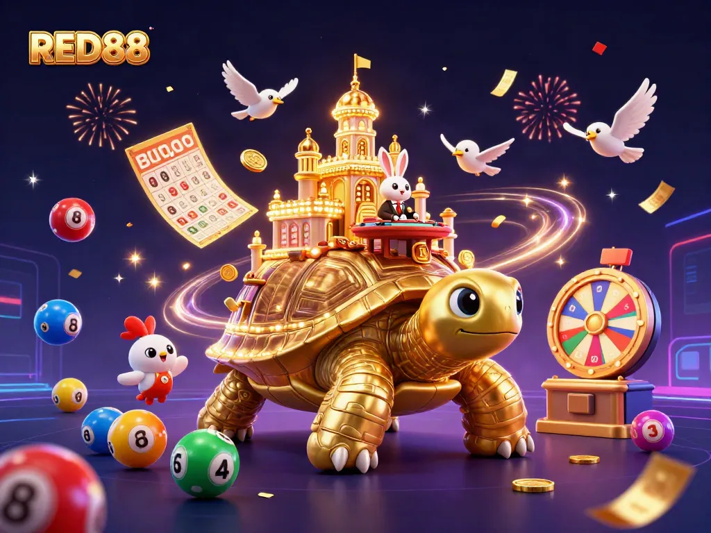 Experience excitement with RED88's vibrant casino-themed 3D scene showcasing playful characters and dynamic gaming elements.
