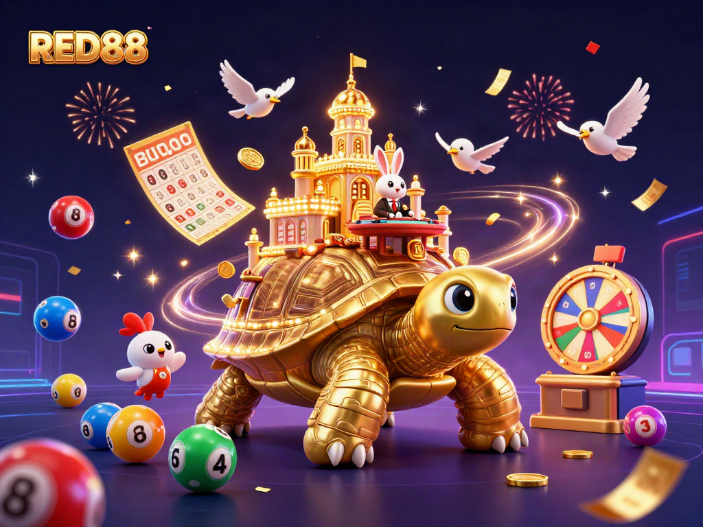 Experience excitement with RED88's vibrant casino-themed 3D scene showcasing playful characters and dynamic gaming elements.