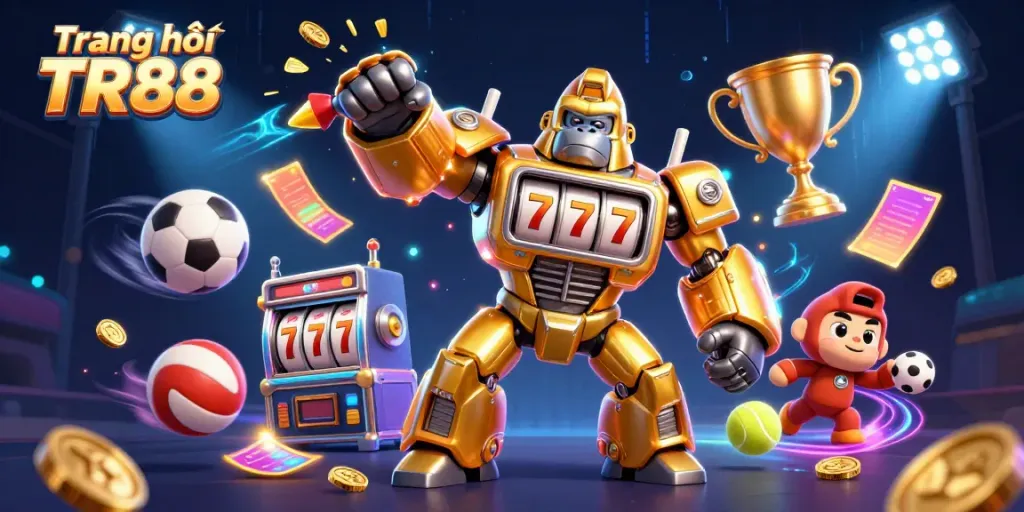 Trang chủ TR88 showcases a dynamic 3D gorilla mech surrounded by vibrant sports elements, symbolizing excitement and winning.
