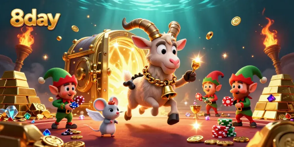 Experience thrilling games at 8day casino with a magical scene featuring a Krampus goat and festive characters.