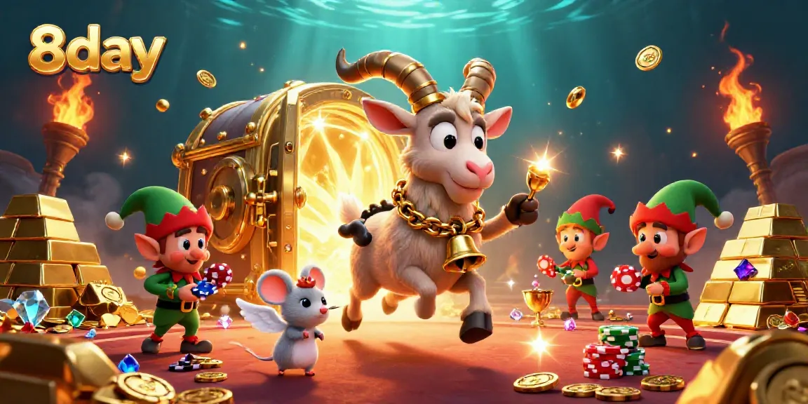 Experience thrilling games at 8day casino with a magical scene featuring a Krampus goat and festive characters.