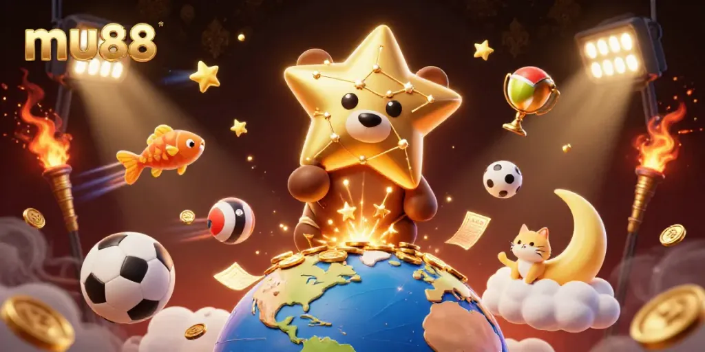 Engage with mu88 as constellation bear collects coins from Earth amidst dynamic sports betting elements.