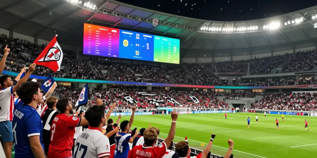 Exciting stadium scene with passionate fans supporting their TOP10 สโมสร during a critical football match in 2026.