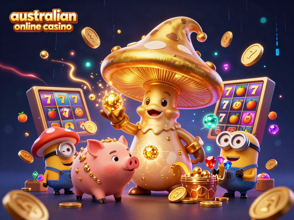 Vibrant scene of a wizard and his treasures in an australian online casino.