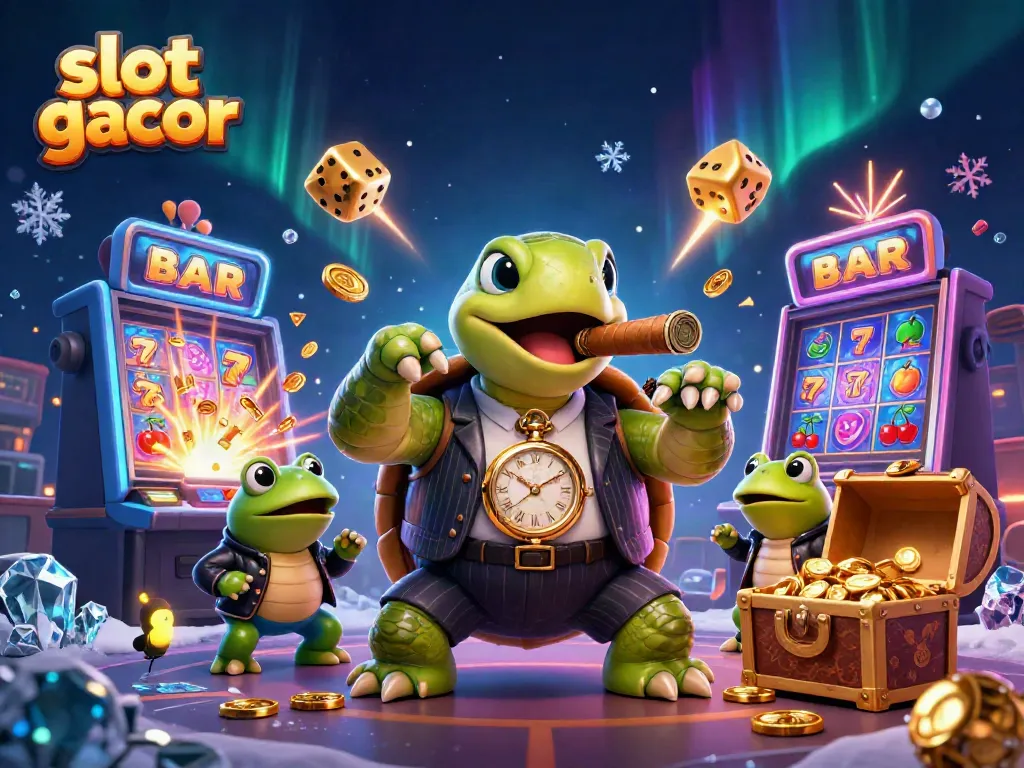 Engage with slot gacor dynamics in a vibrant casino scene with a massive turtle and bullfrogs.