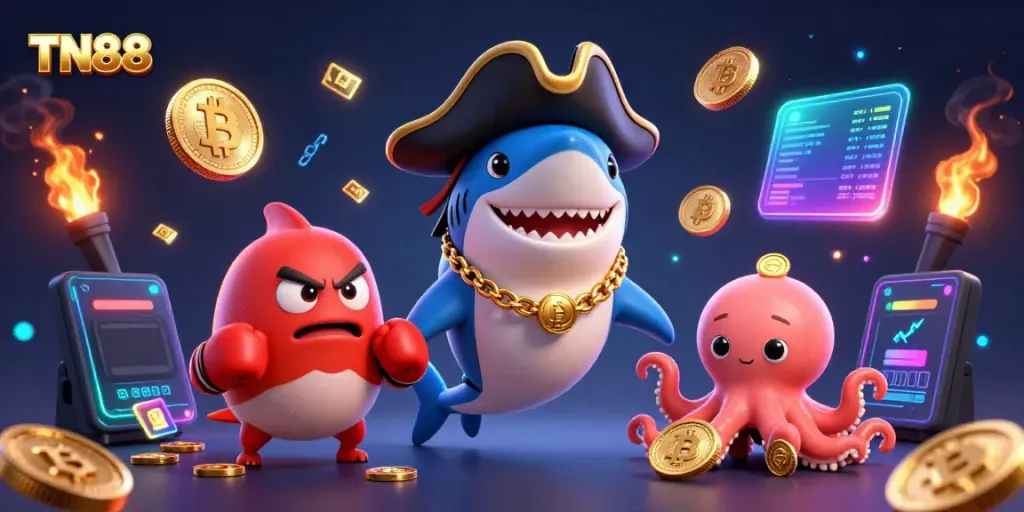 Engage with TN88 in a vibrant 3D casino scene featuring a pirate shark with gold coins.