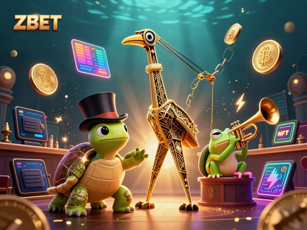 Engage with ZBET in a vibrant, cartoonish casino world featuring unique characters and crypto elements.