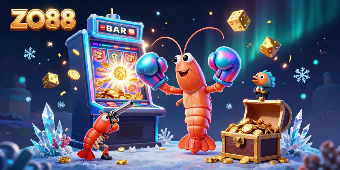 Experience thrilling wins with ZO88 in a vibrant casino scene featuring animated characters and slot machine bursts.