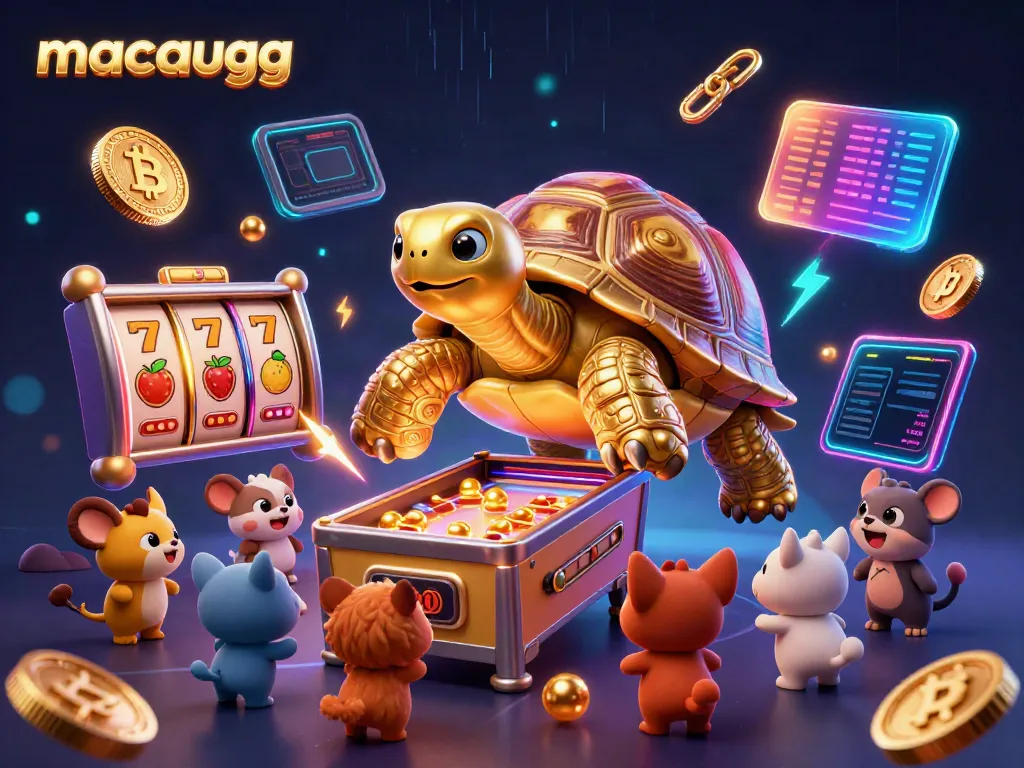 Play slot machines and earn Bitcoin rewards in a vibrant MacauGG promotional illustration.
