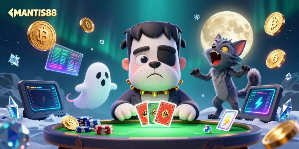 MANTIS88 invites players to a thrilling card game at a haunted casino with spooky, vibrant elements.