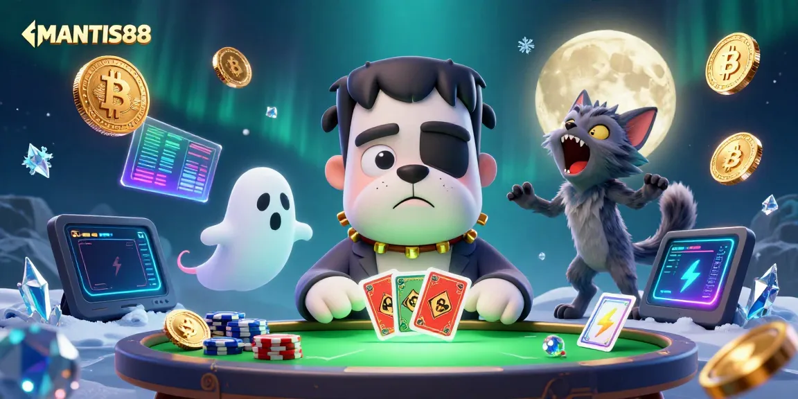 MANTIS88 invites players to a thrilling card game at a haunted casino with spooky, vibrant elements.