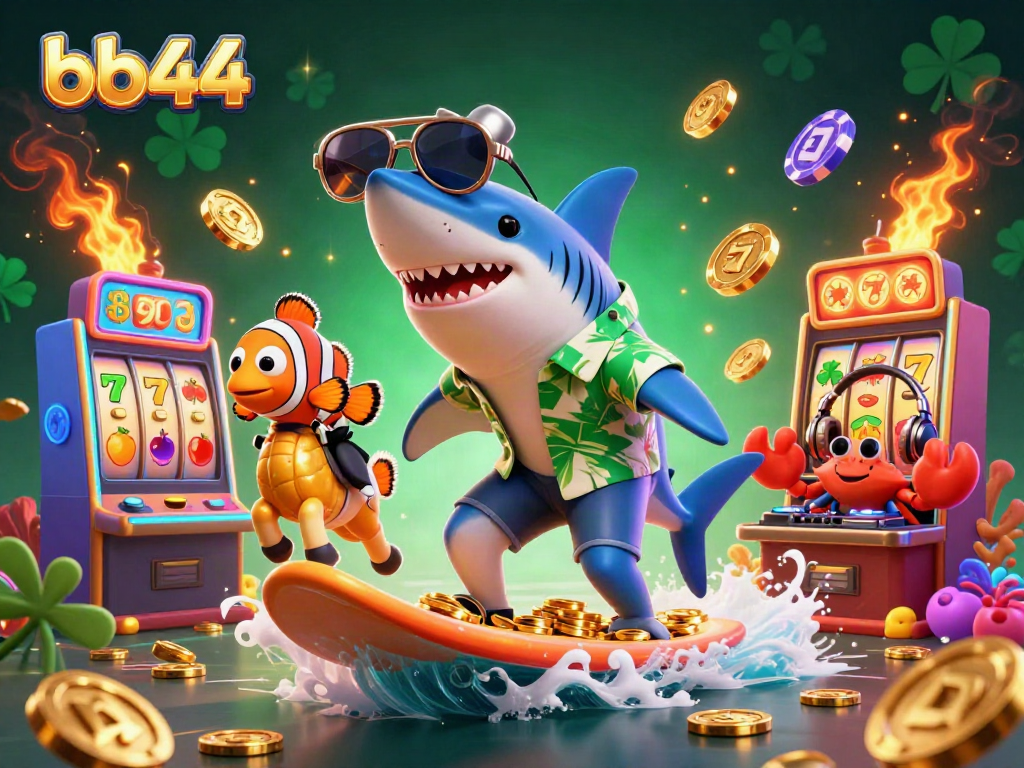 Surf the waves of fortune with bb44, a vibrant casino scene featuring animated ocean life amidst golden coins and slot machines.