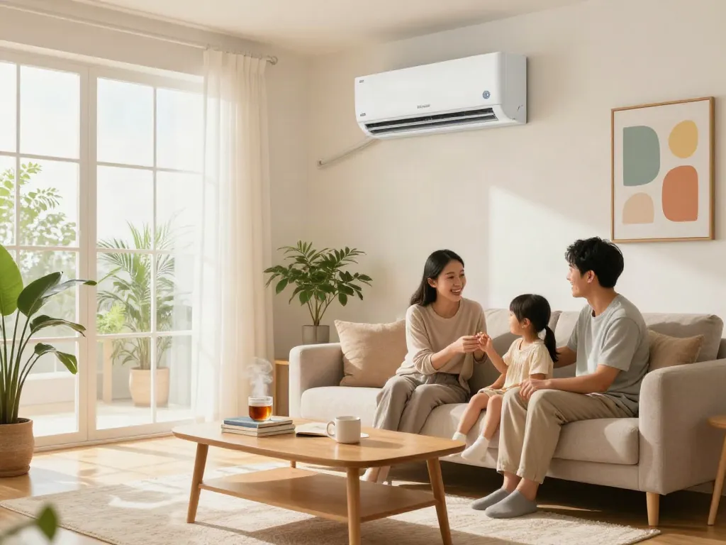 Modern mini split air conditioner in a cozy living room, enhancing comfort for family gatherings