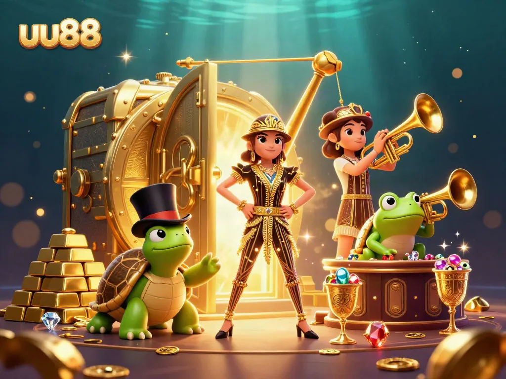 The uu88 casino illustration showcases a playful 3D scene featuring vibrant characters and gambling symbols.