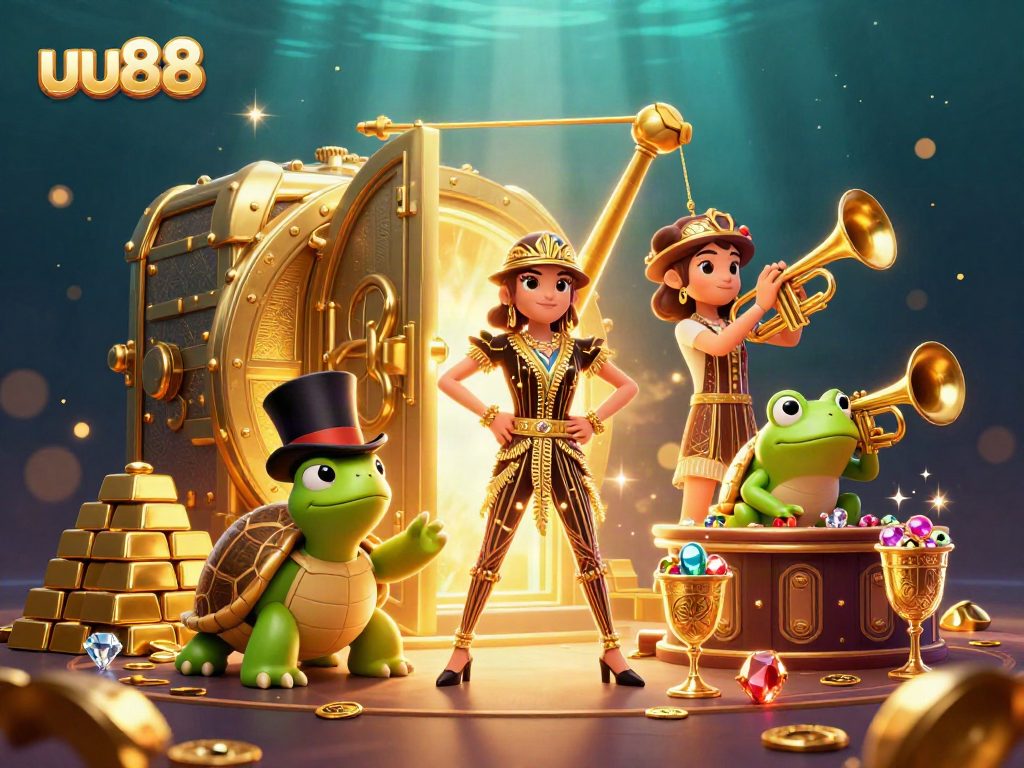 The uu88 casino illustration showcases a playful 3D scene featuring vibrant characters and gambling symbols.