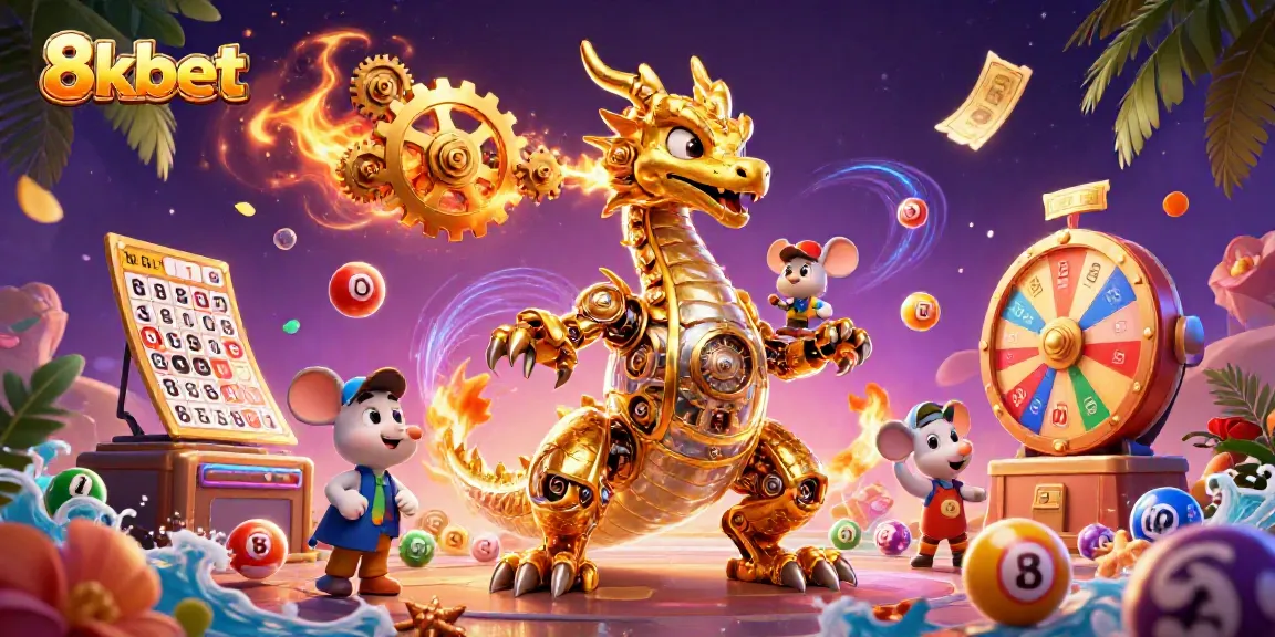 Engage with 8xbet through an exciting illustration of a golden dragon and lottery elements.