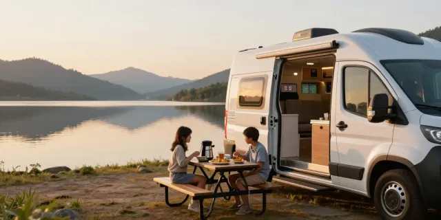Lithium RV batteries powering a camper van by a serene lake at sunrise.