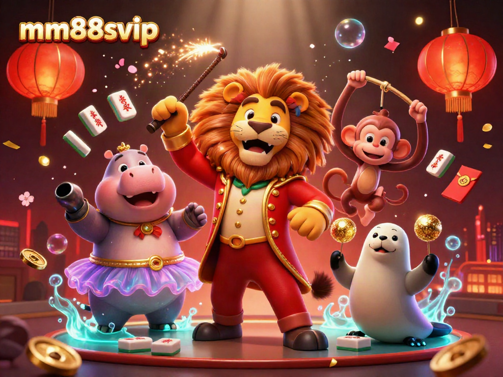 Engage in the vibrant mm88svip casino experience with a lively illustration of a lion ringmaster and circus characters.