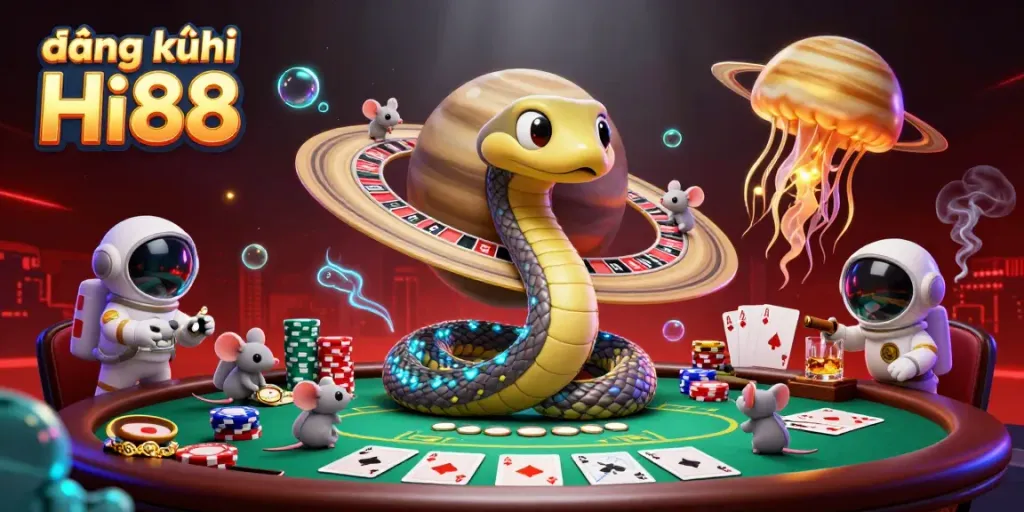 Experience the thrill of đăng ký Hi88 with vibrant 3D casino-themed action featuring cosmic characters and gambling elements.