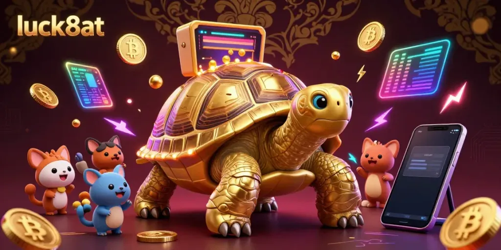 Experience the thrill at luck8at with a colorful casino scene featuring a pinball tortoise and crypto elements.