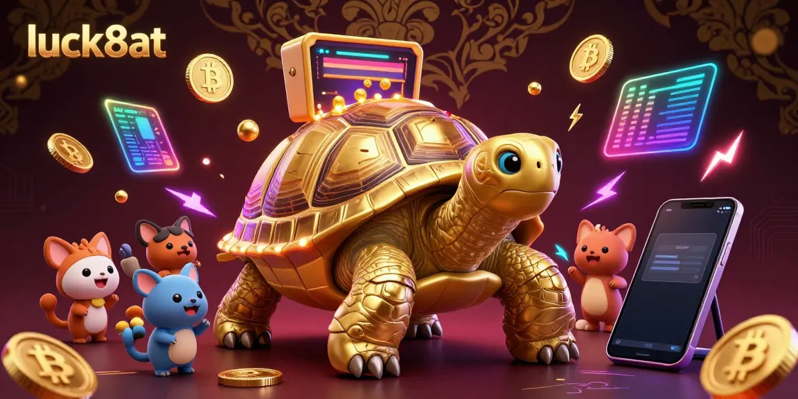 Experience the thrill at luck8at with a colorful casino scene featuring a pinball tortoise and crypto elements.