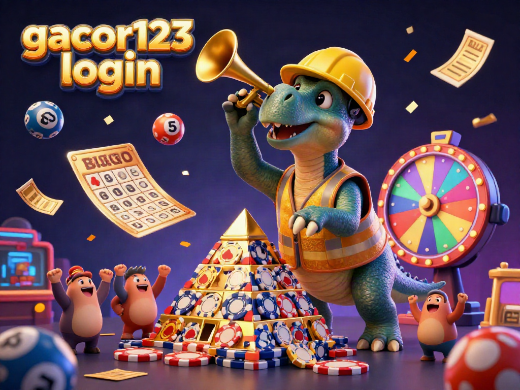 Experience the excitement of gacor123 login with vibrant lottery balls, festive characters, and a dynamic casino atmosphere.
