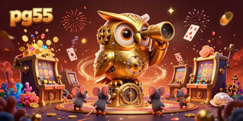 Experience the excitement of pg55 with 3D cartoon elements in an elaborate casino scene filled with games.