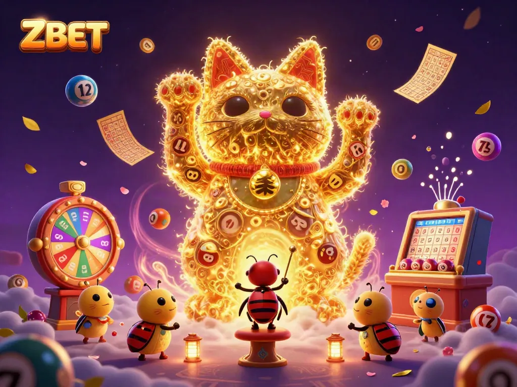 ZBET showcases a vibrant scene of a lucky cat, golden fireflies, and casino games creating an enchanting atmosphere.