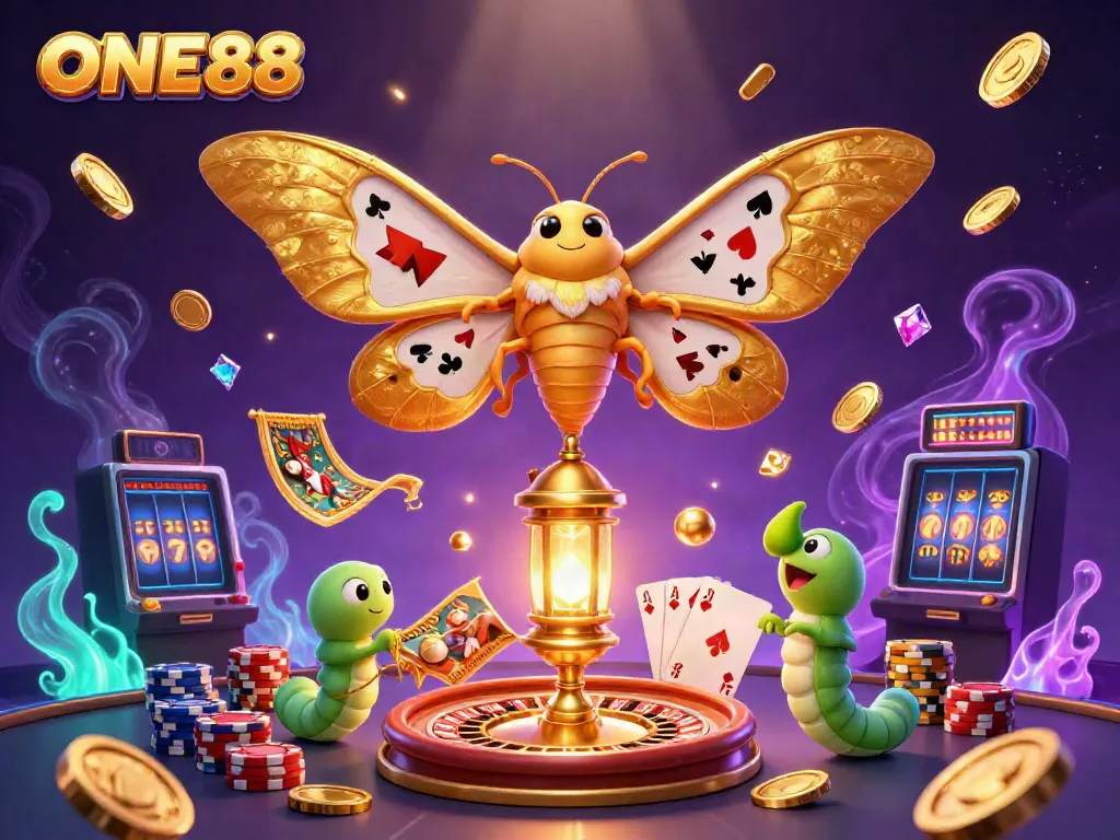 Engage with the ONE88 casino's vibrant atmosphere featuring golden motifs and dynamic gaming elements.