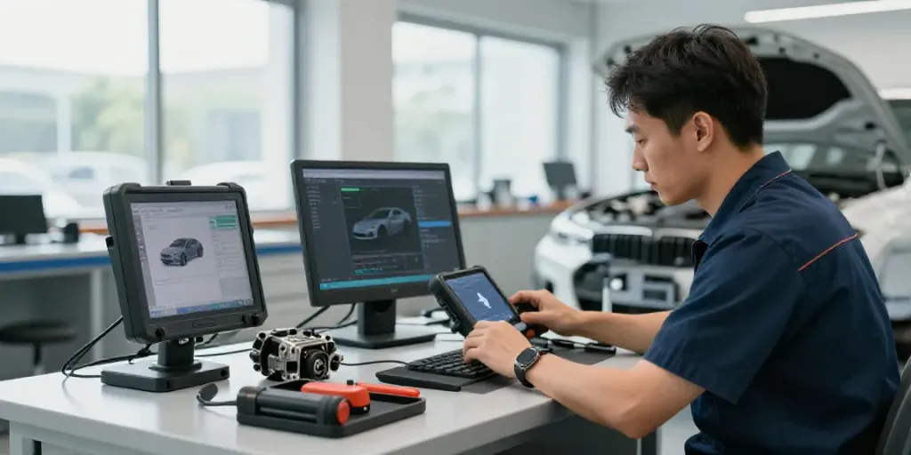 bmw werkstatt hannover technician diagnosing vehicle in professional workshop